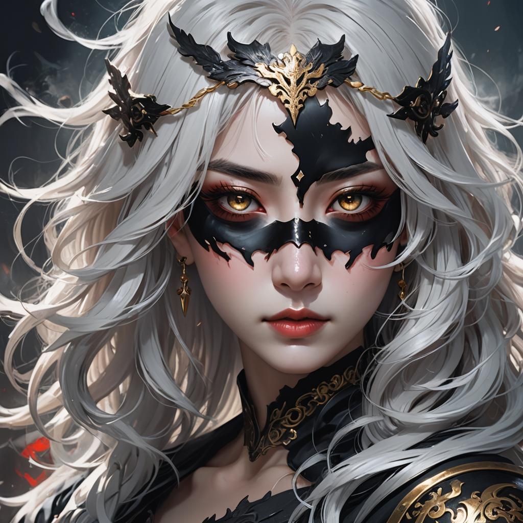 Woman with White Hair and Black Mask as Digital Painting