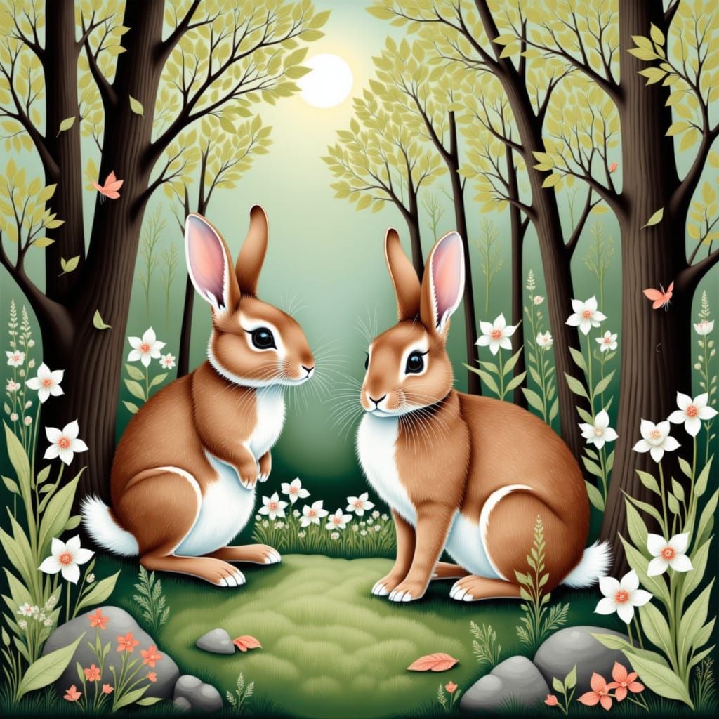 Rabbits in a Whimsical Scandi Forest Scene