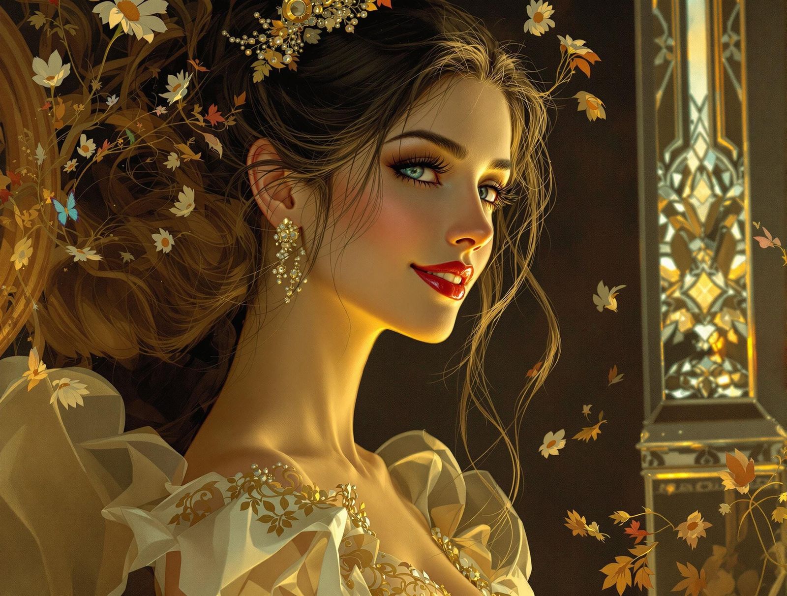 Elegant Woman in Art Nouveau Style Dress