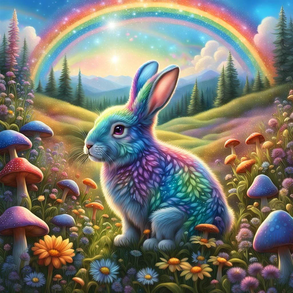 Rainbow Bunny in a Magical Meadow, Art Nouveau