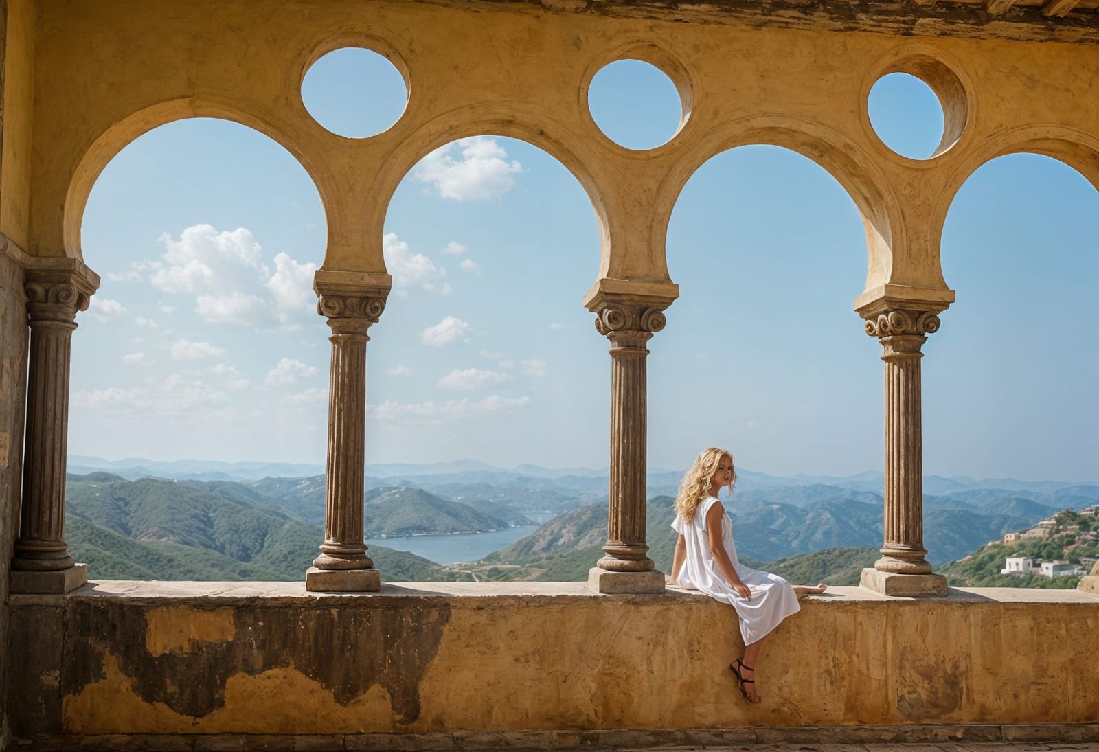 Blonde Girl in White Tunic: AI Generated Beauty