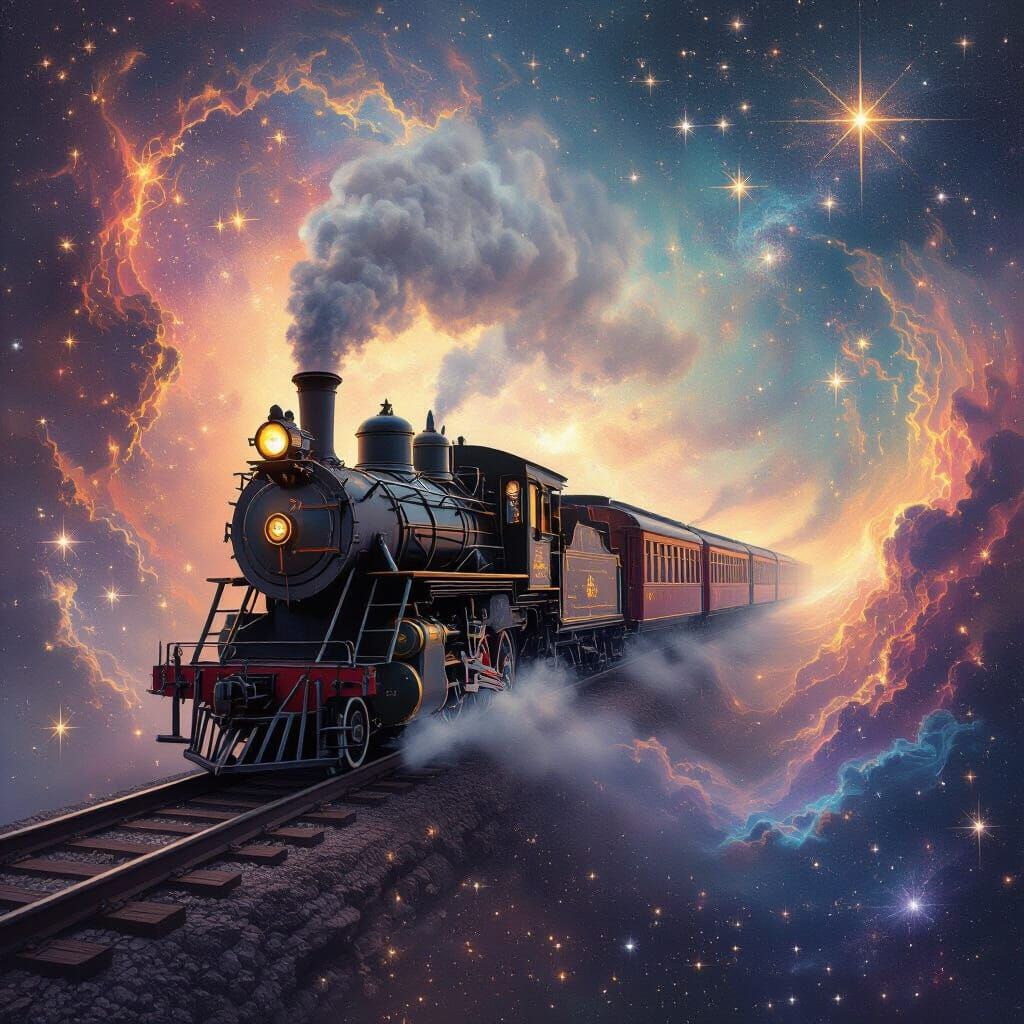 Antique Train in Cosmic Nebula - Surreal Digital Art