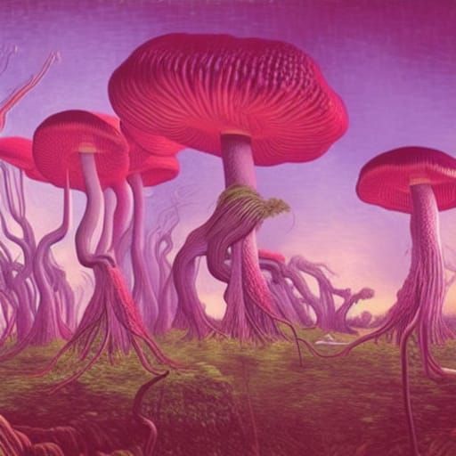Giant Enokitake Mushrooms in Mexican Surrealism Style