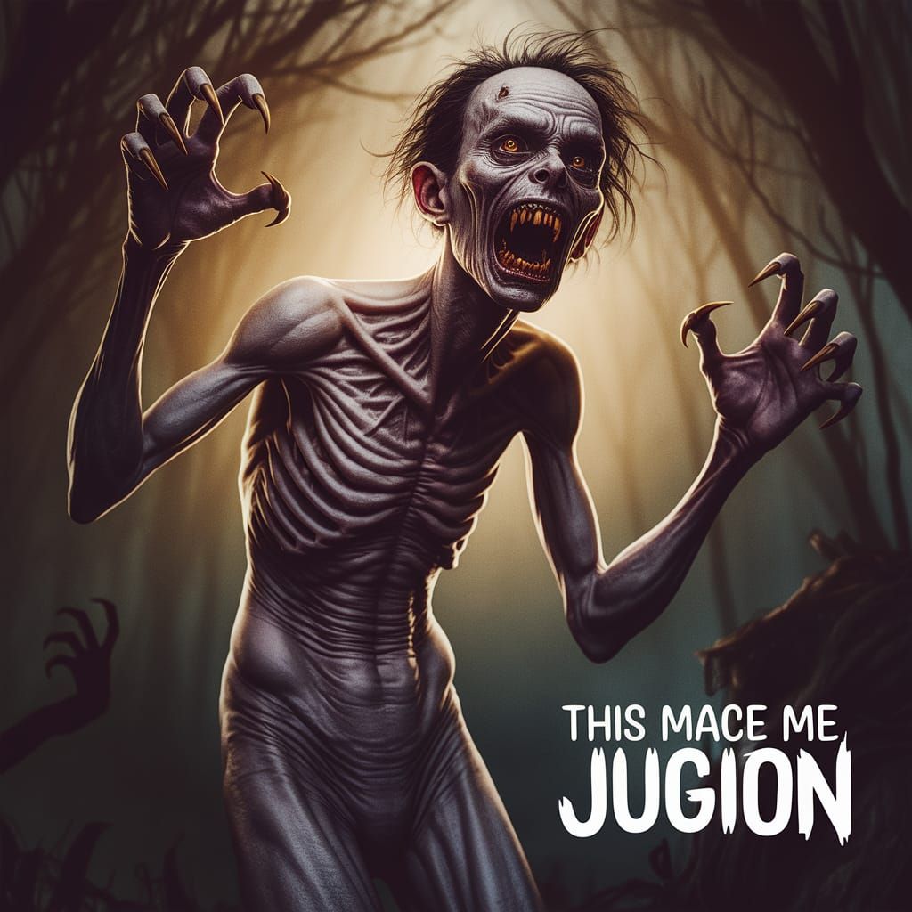 Eerie Humanoid Monster Lunging in Dark Forest