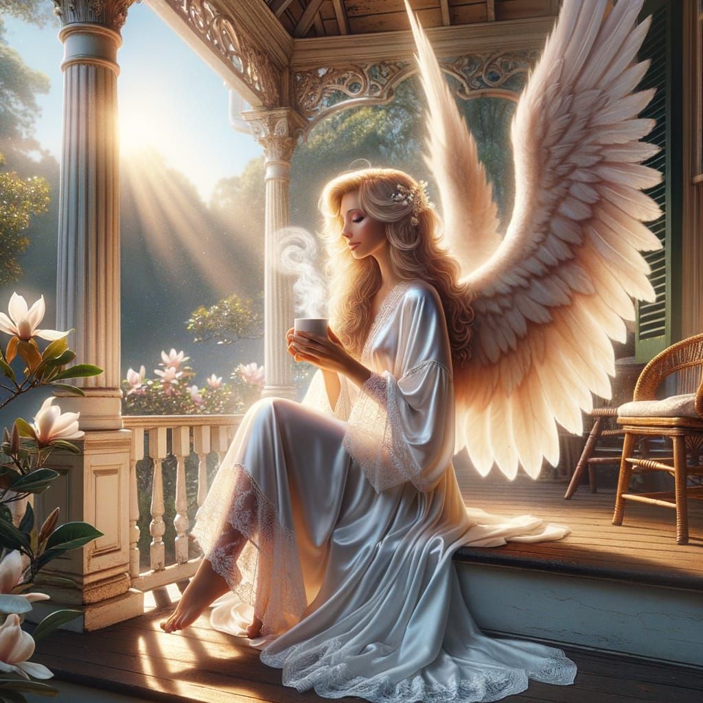 Southern Angel Enjoying Morning Coffee on Porch