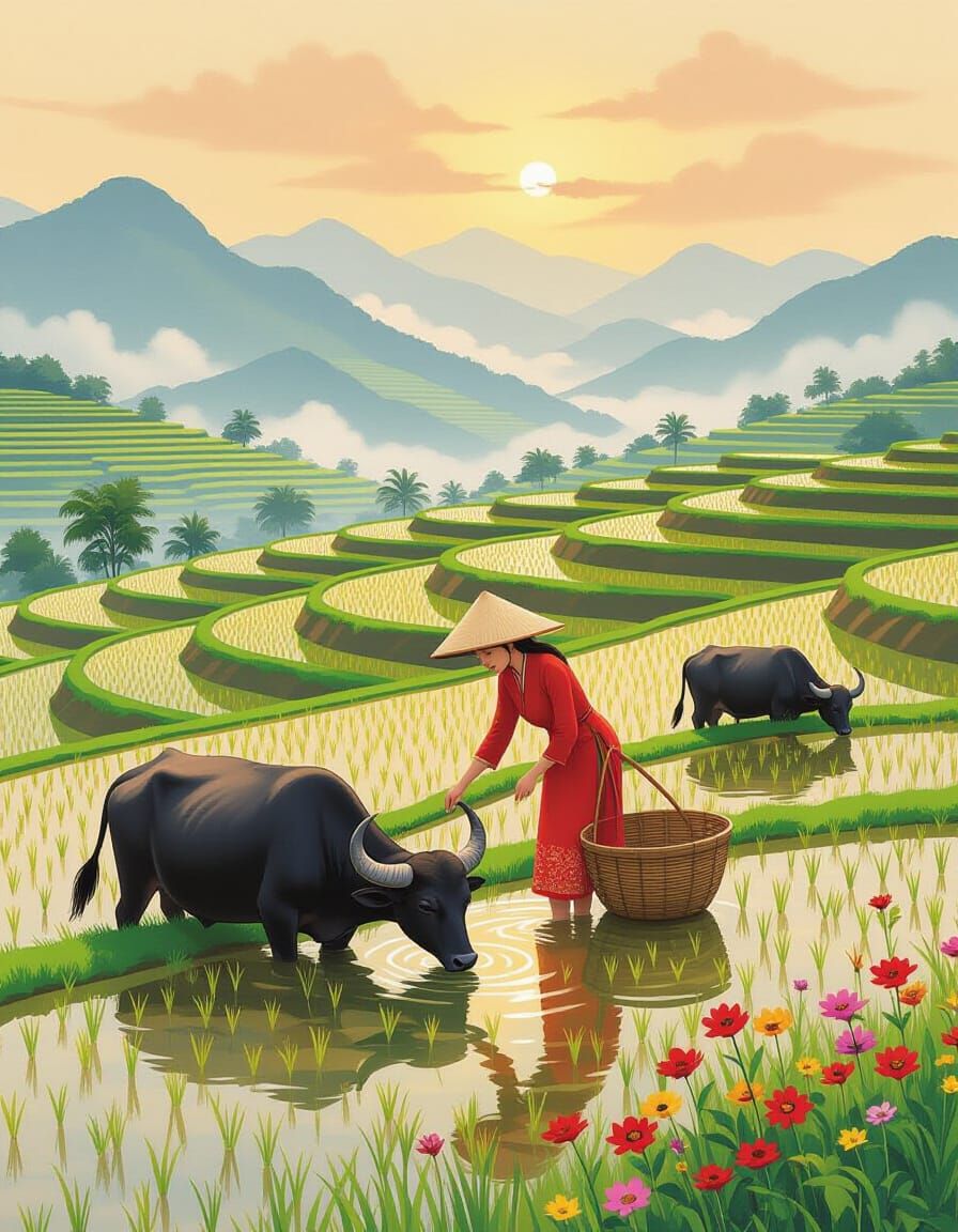 Serene Rice Paddy Scene with Water Buffalo