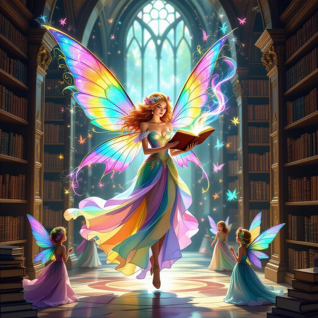Fairy Spirit Emanating Light in Ancient Library