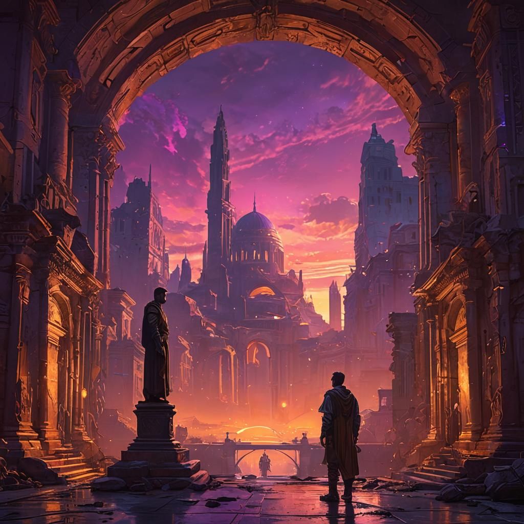 Synthwave Sunset Over Ancient Futuristic Cityscape