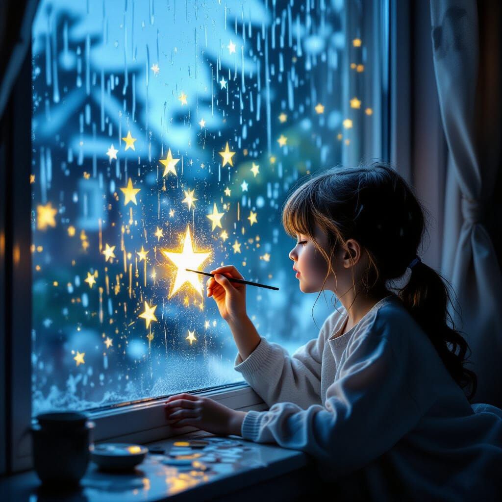 Girl Paints Stars on Rain-Streaked Window