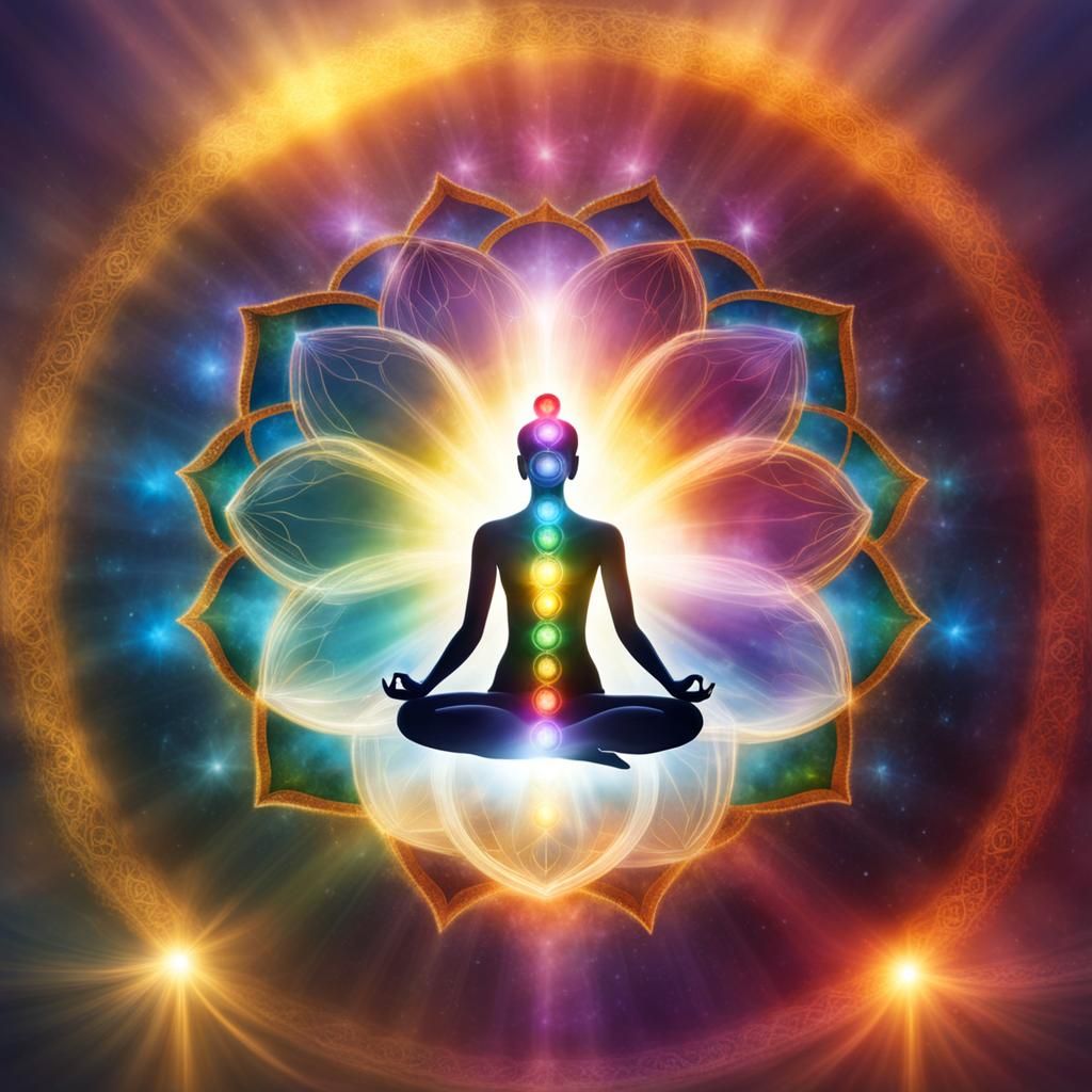 Human Figure with Chakras in Divine Sunshine