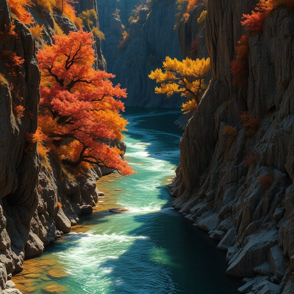Autumn River Gorge in Hyperrealistic Style