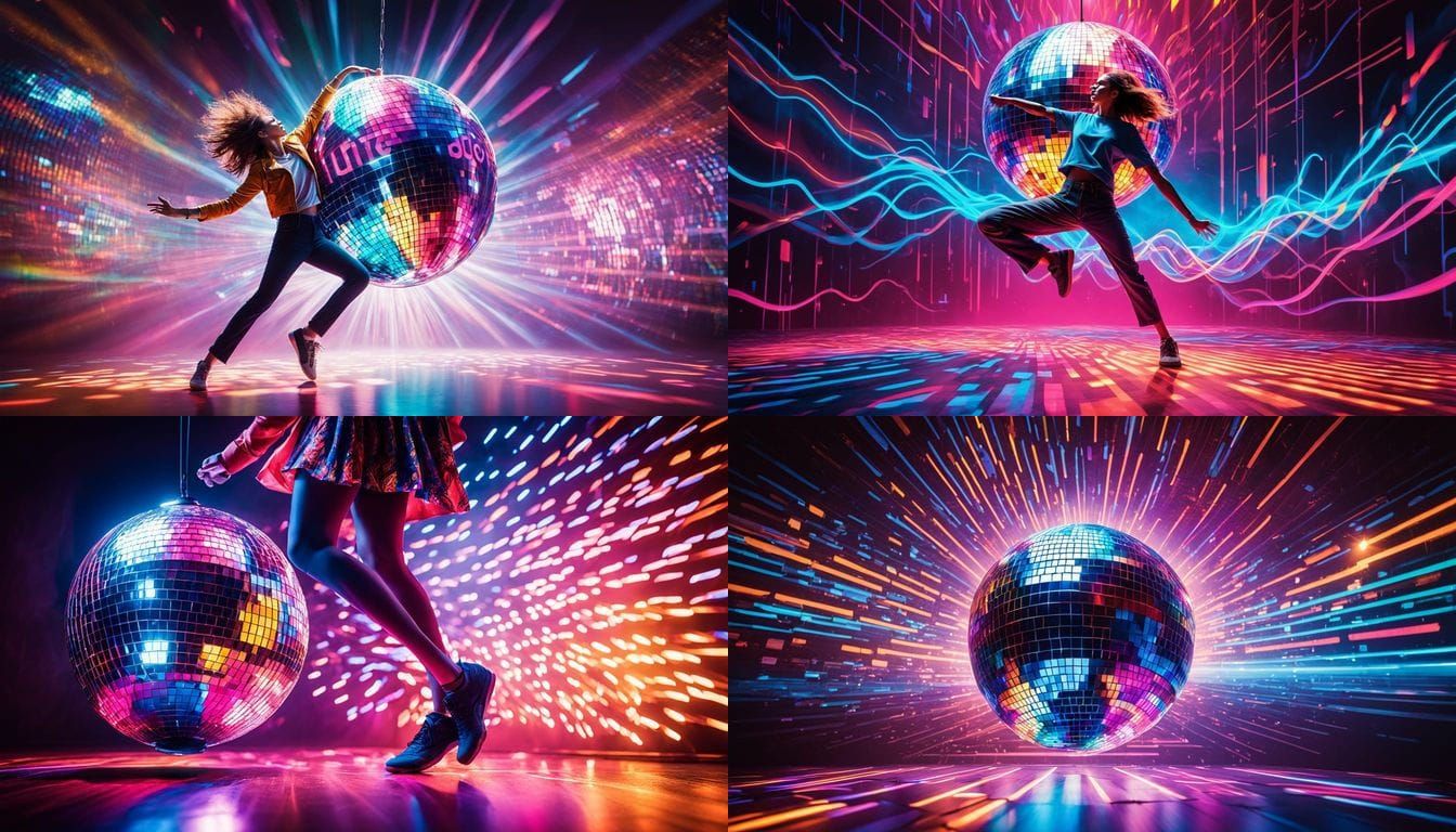 Dancing to AI Music Under Disco Ball in Neon Lights