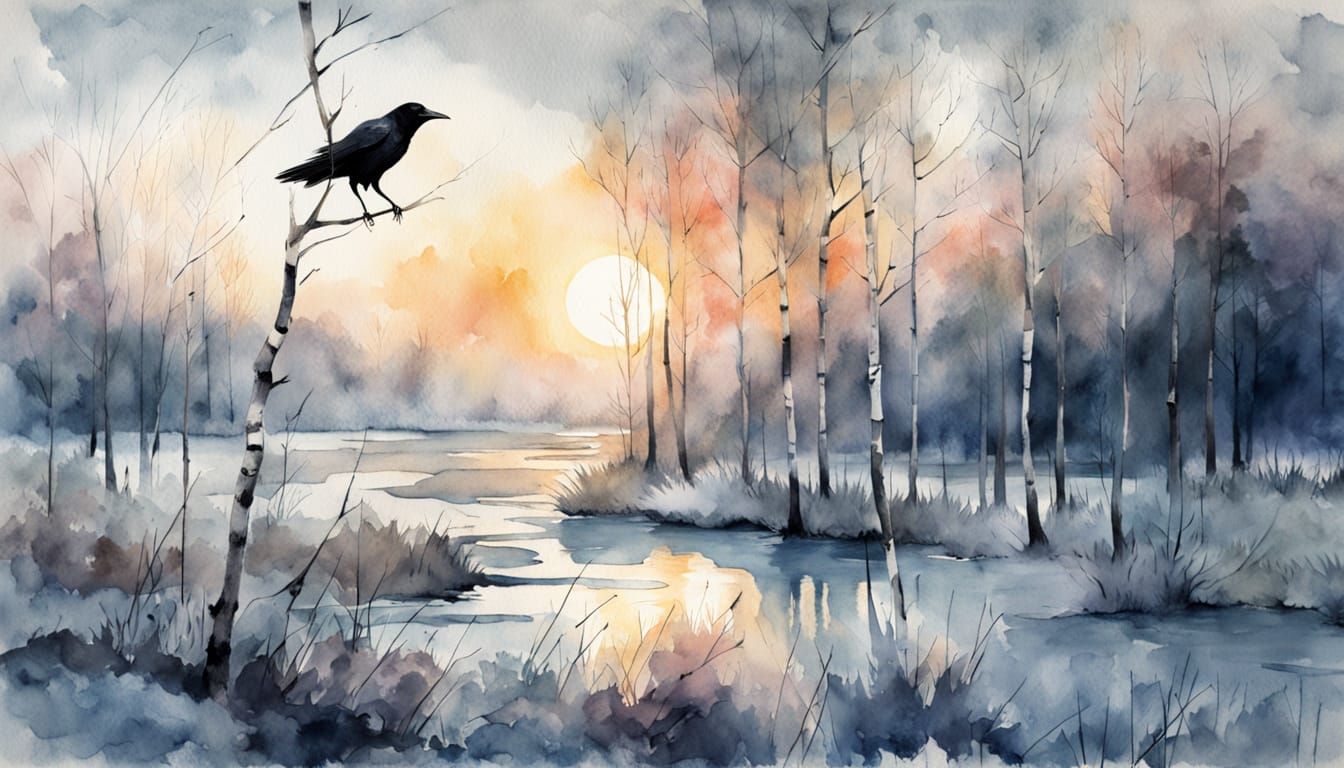 Impressionist Watercolor of Raven Above Boreal Swamp at Sunr...