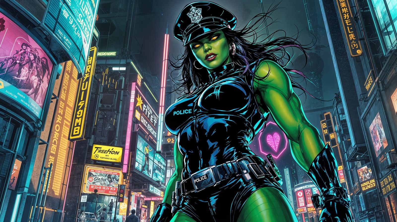 Green-Skinned Anti-Heroine in Cyberpunk Cityscape