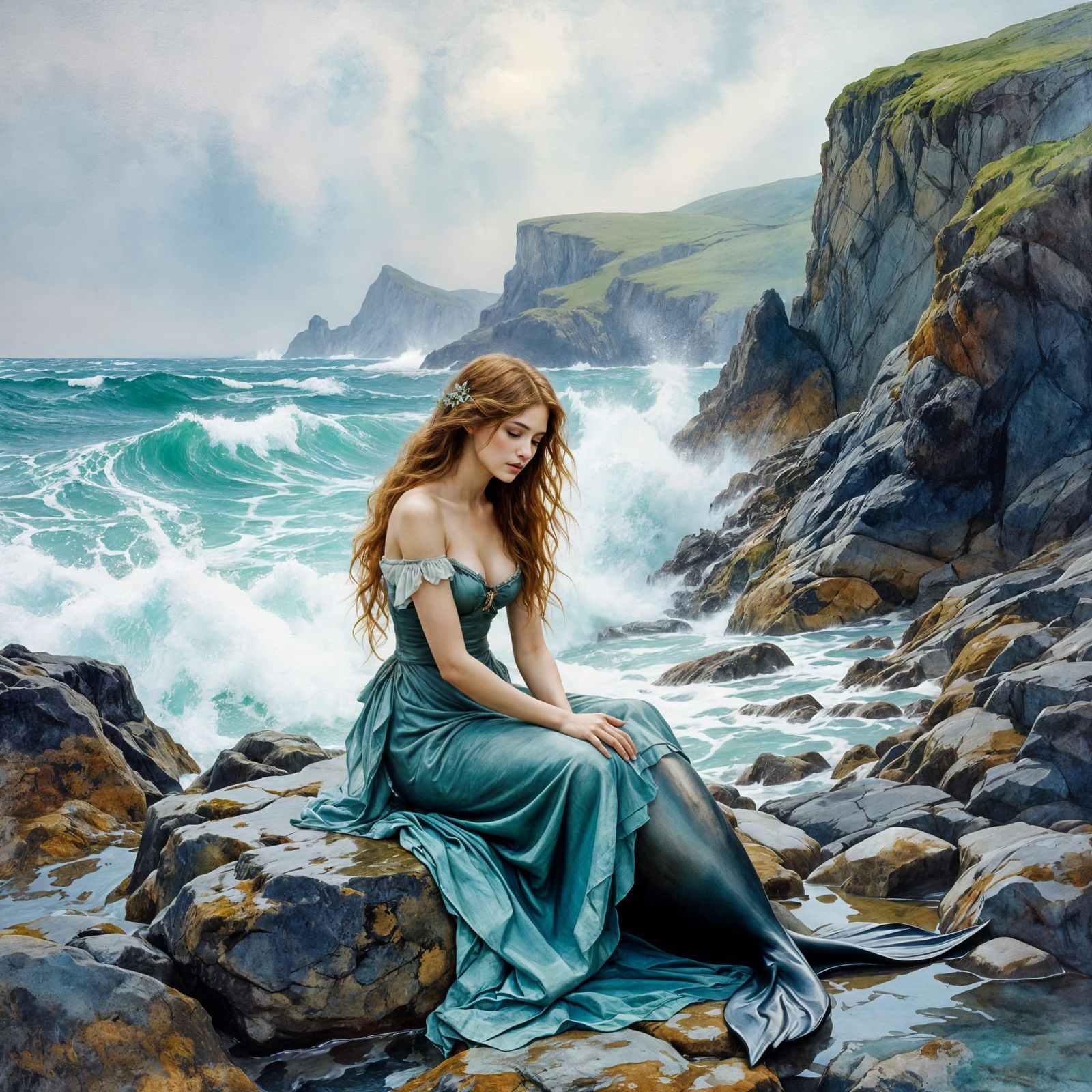Selkie Maiden on Scottish Coast, Pre-Raphaelite Style