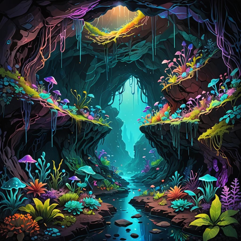 Iridescent Bioluminescent Alien Cave Landscape