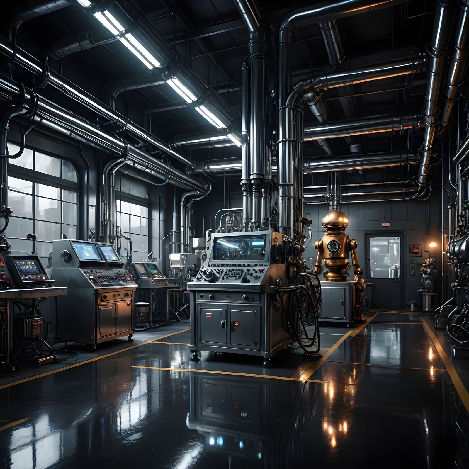 Hyper-Realistic Sci-Fi Lab with Chrome Droids