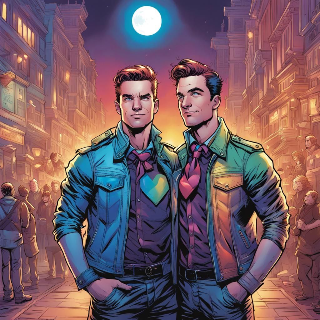 Gay Couple in Pride Outfits: Comic Book Art