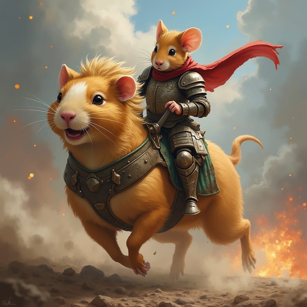 Fearless Mouse in Battle on Charging Guinea Pig