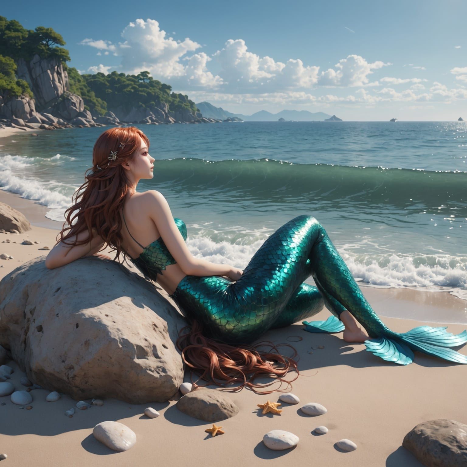 Anime Mermaid Combing Hair by Sea Shore