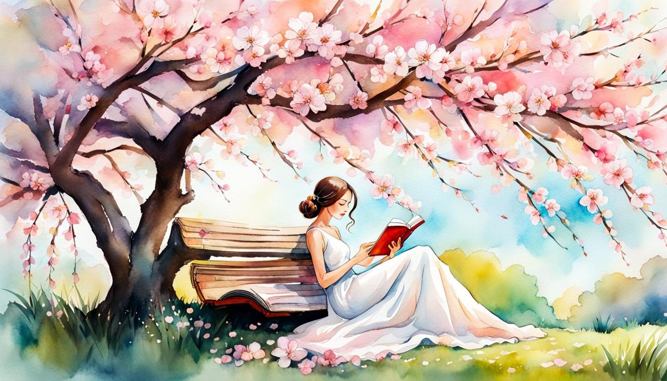 Girl Reading Under Cherry Blossom Tree in Watercolor
