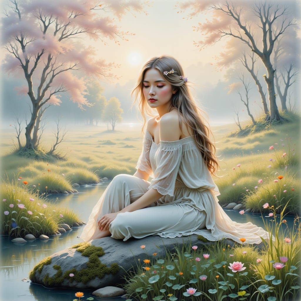 Woman on Mossy Rock in Ethereal Pastel Landscape