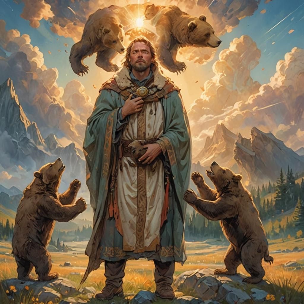 Man Surrounded by Bears in Divine Light