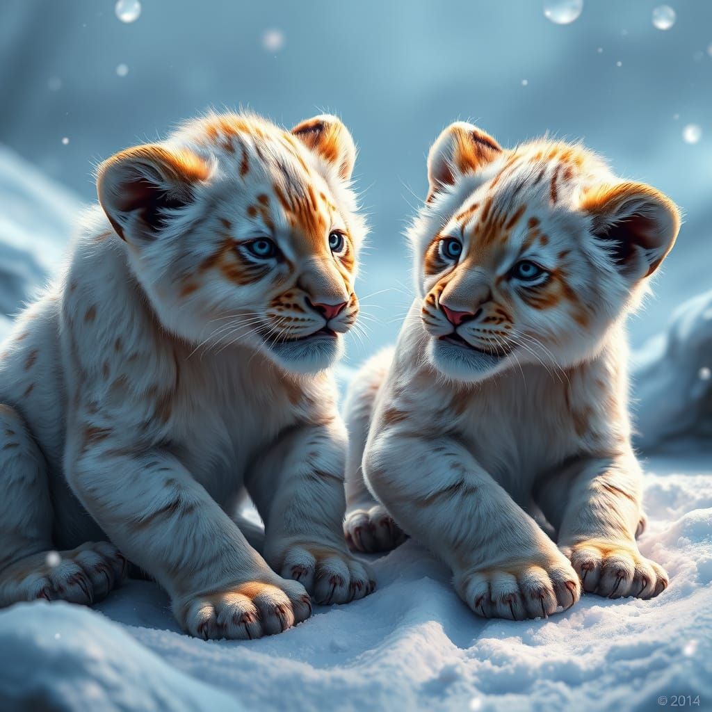 Albino Lion Cubs in Snowy Wonderland