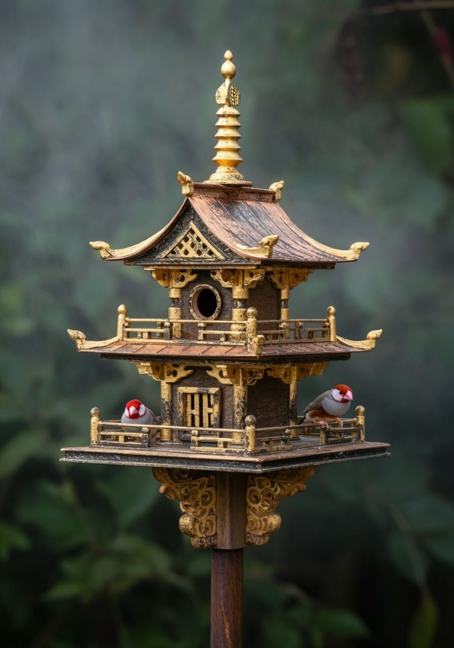 Japanese Pagoda Birdhouse in Morning Mist