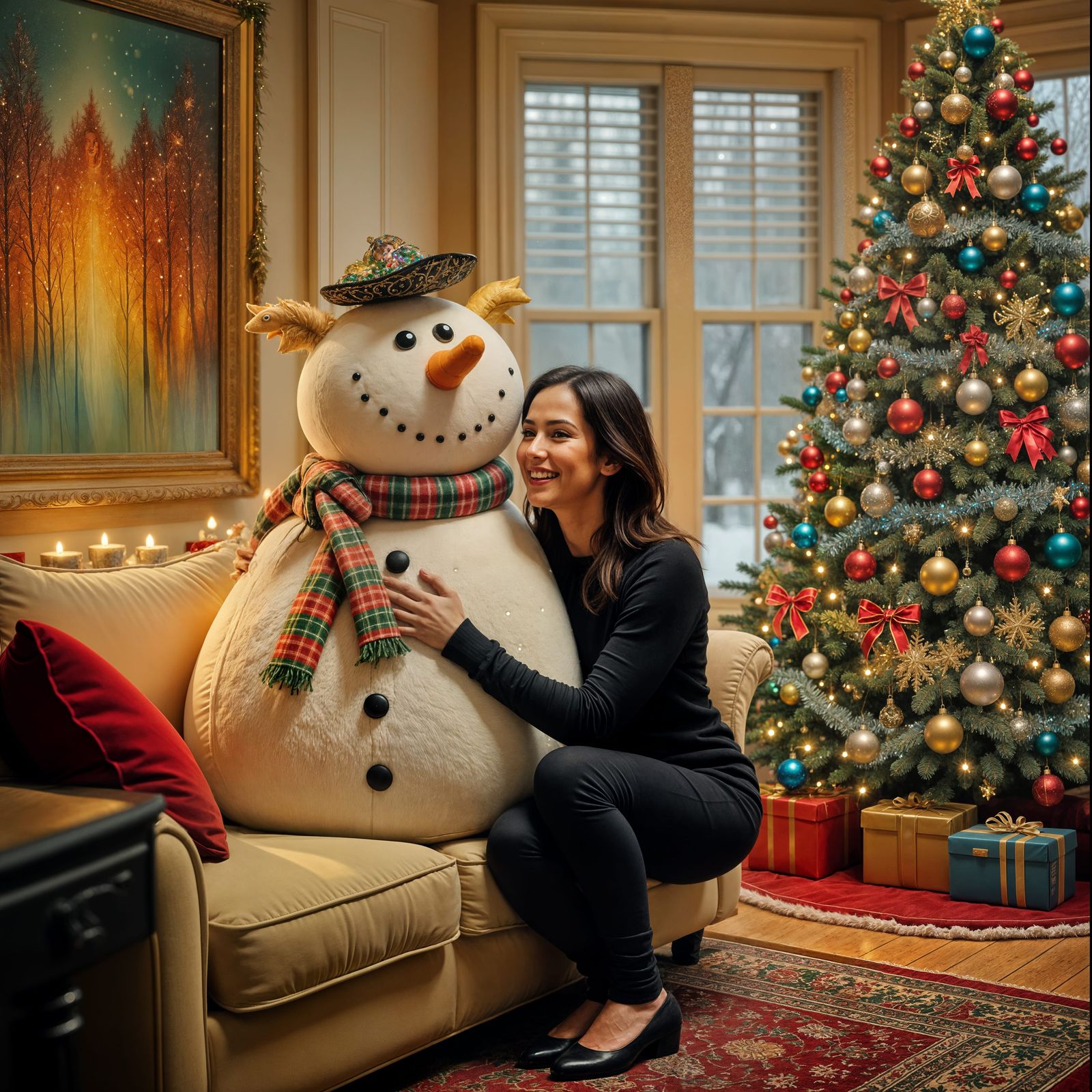 Woman Embraces Snowman by Festive Christmas Tree