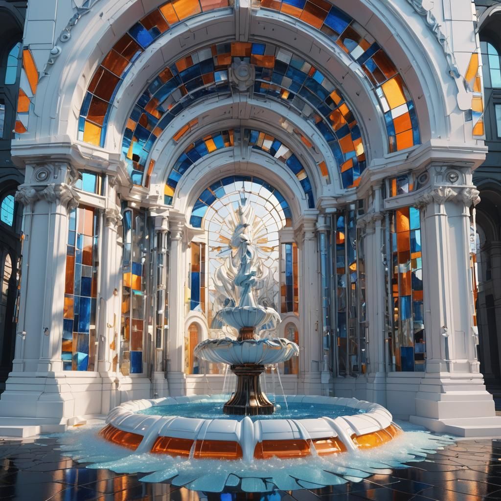 Cyberpunk Stained Glass Fountain Under White Arch
