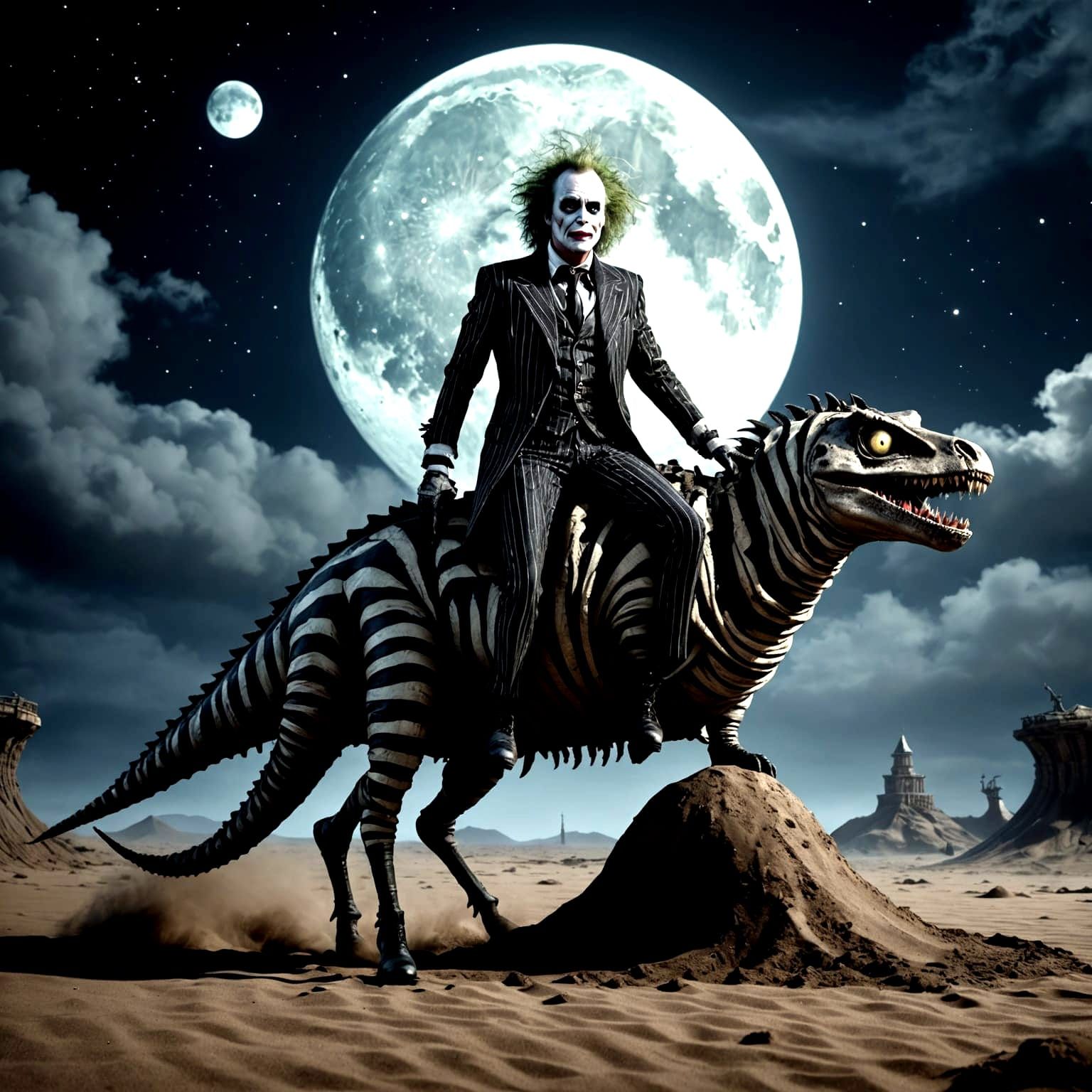 Beetlejuice on Sandworm Under Moonlight: Fantasy Art