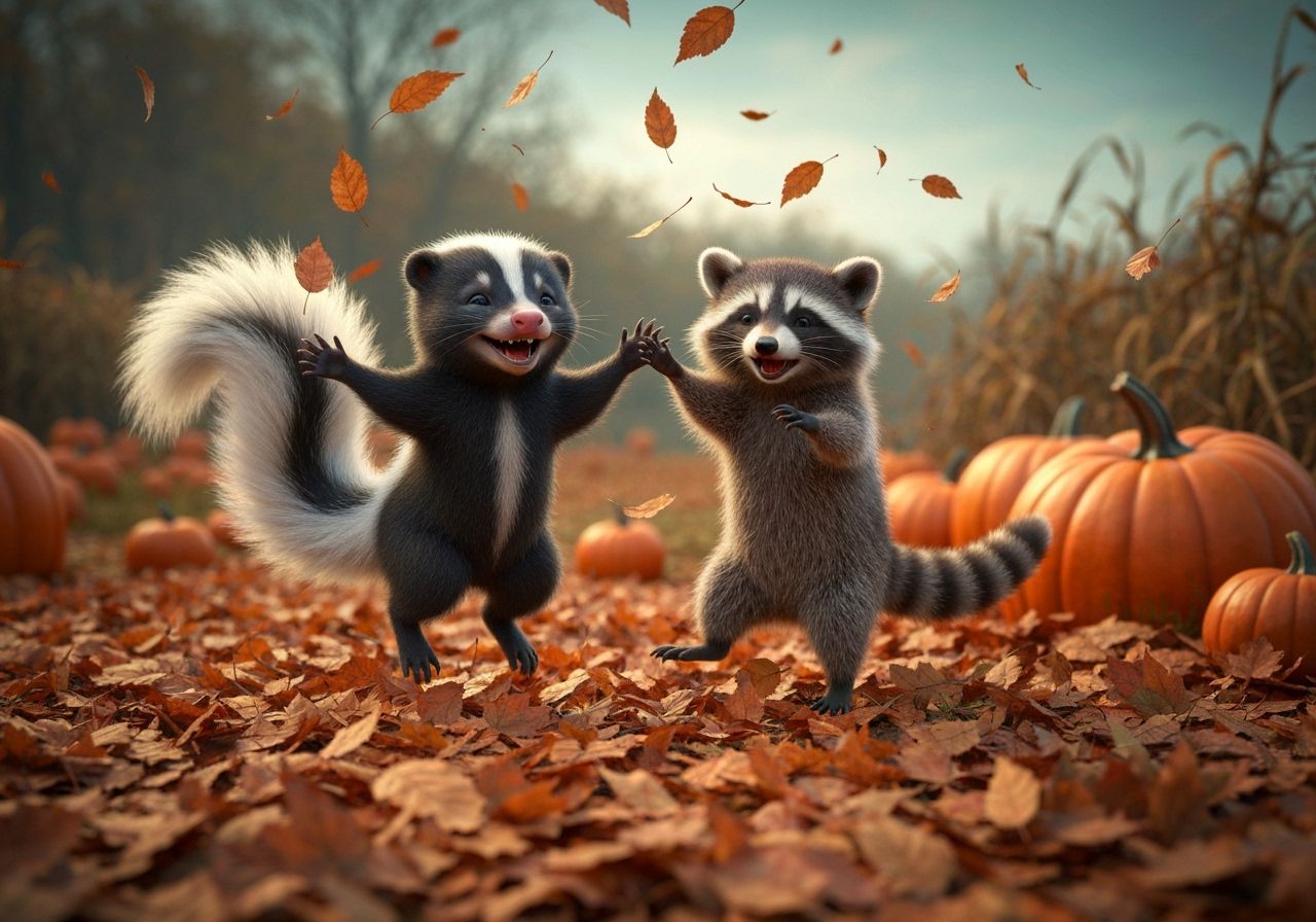 Baby Skunk and Raccoon Play in Autumn Leaves