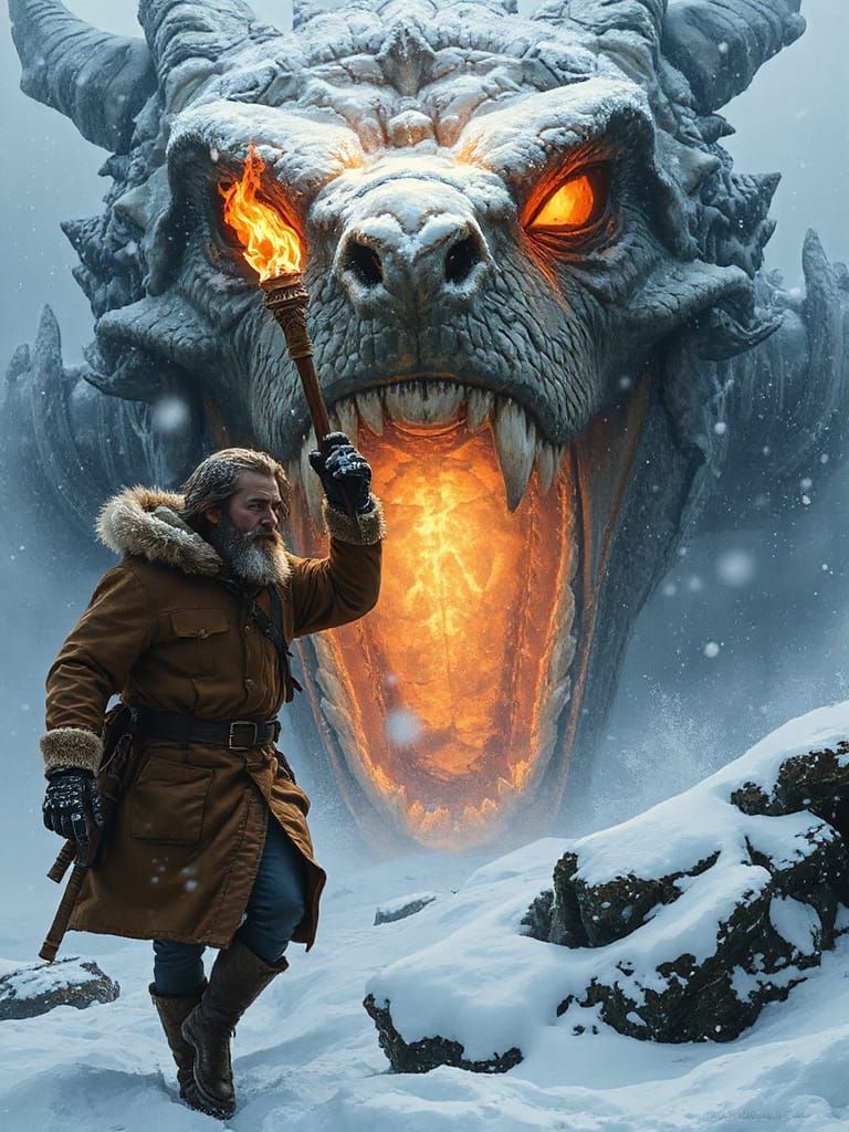 Rugged Adventurer Confronts Ancient Dragon in Blinding Blizz...