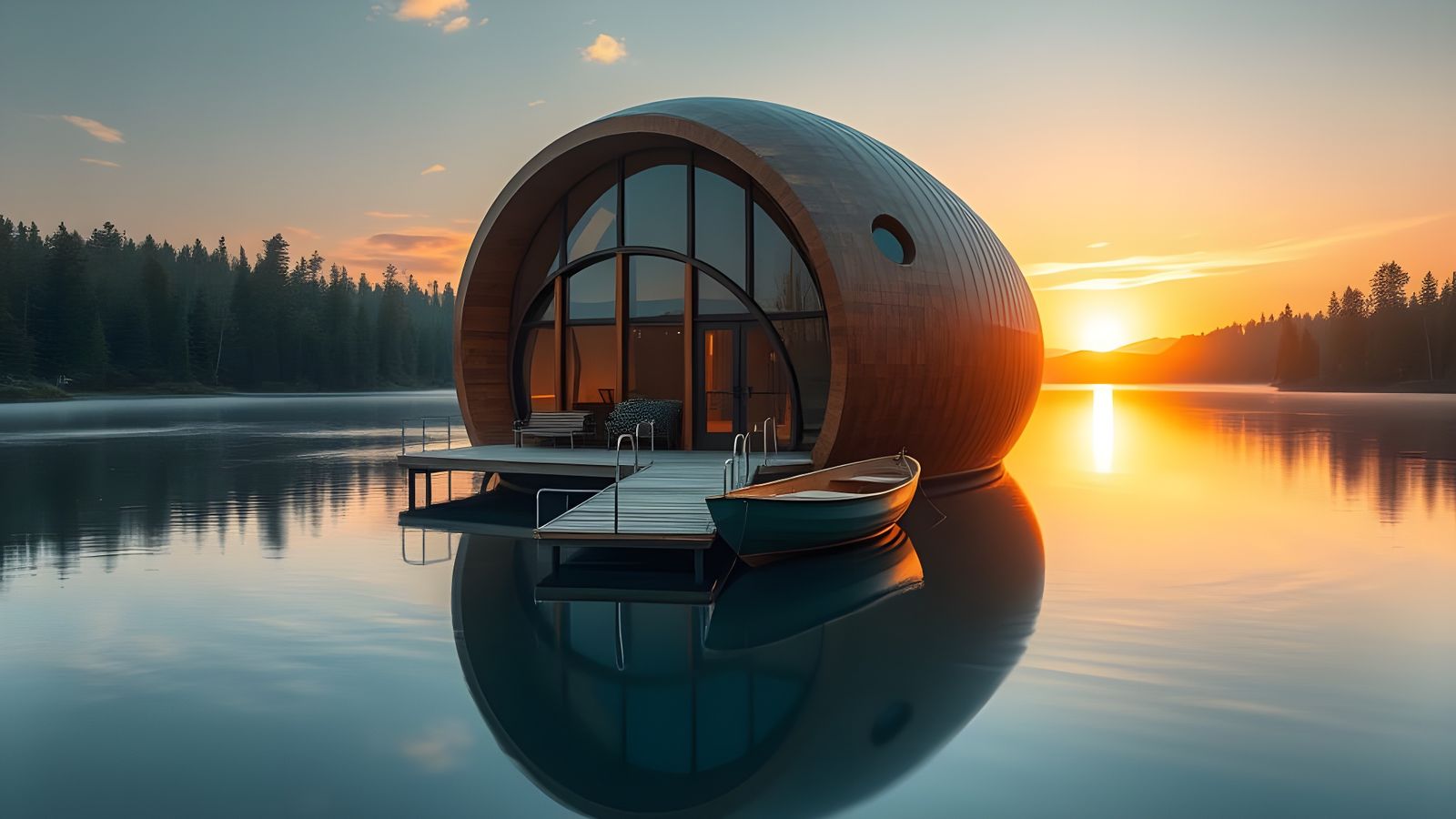 Elegant Futuristic Lake Retreat at Sunset