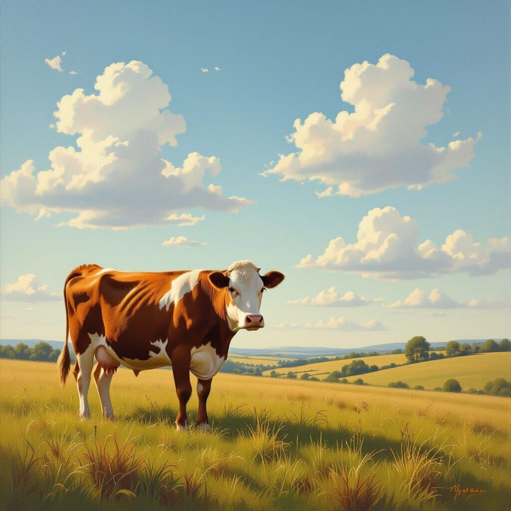 Majestic Cow in Sunlit Meadow - Realistic Oil Painting