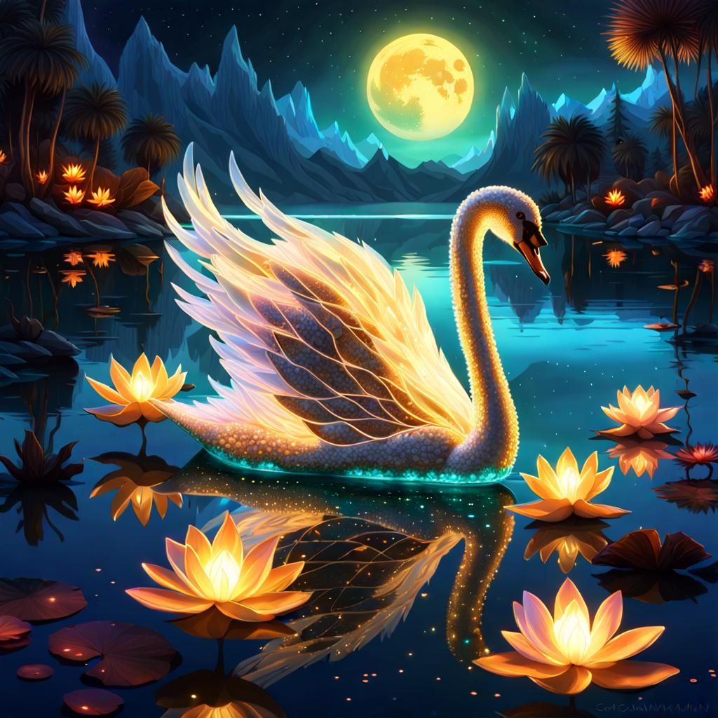 Bioluminescent Crystal Swan in Lotus Lake