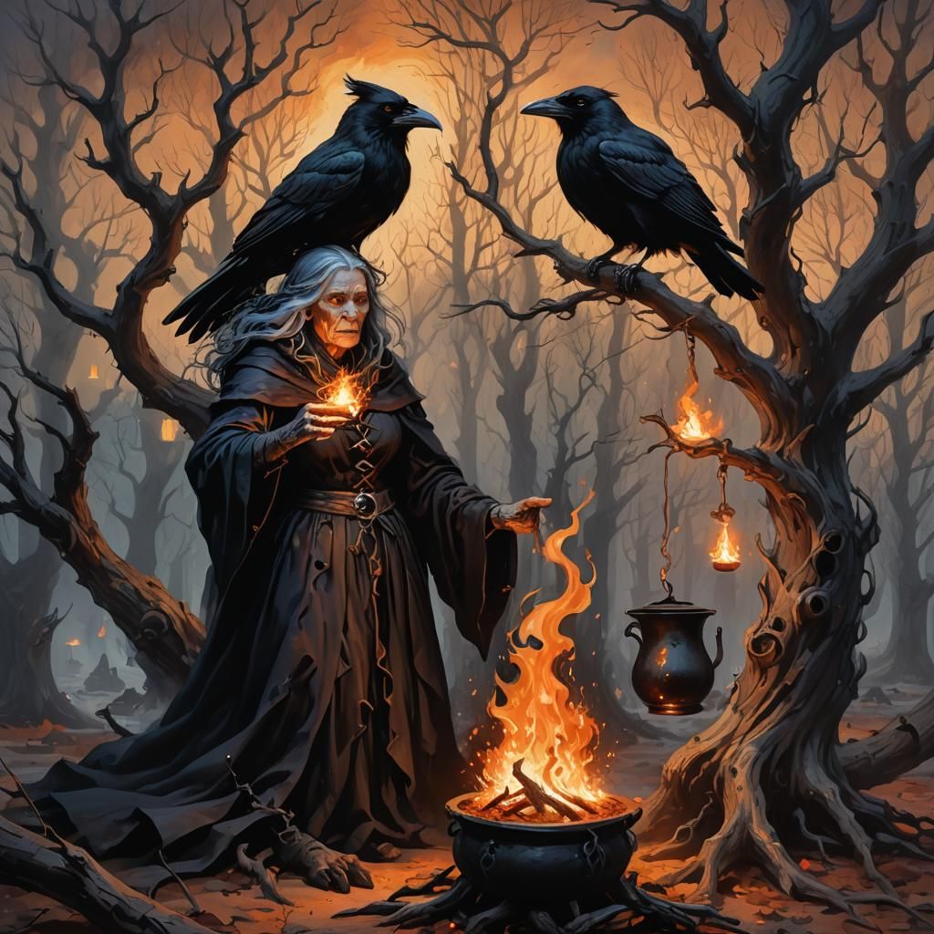 Eerie Witchcraft in Dark Fantasy Oil Painting