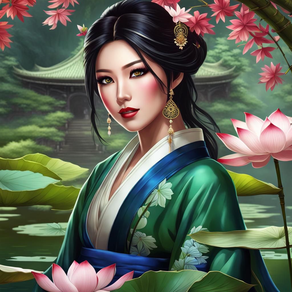 Asian Princess in Japanese Garden Digital Illustration