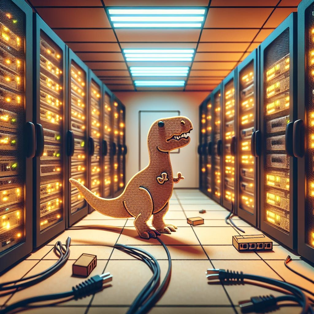 T-Rex in Server Room: Whimsical Stick Art Illustration