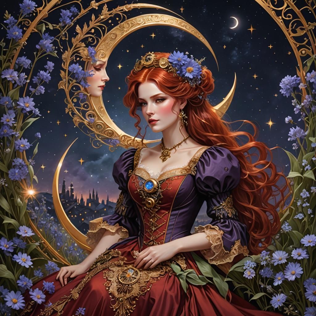 Steampunk Redhead on Moonlit Crescent