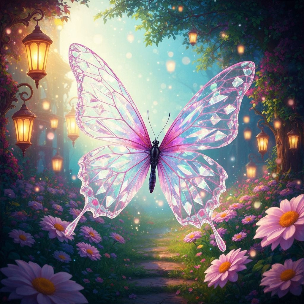 Bioluminescent Butterfly with Crystal Wings in Enchanted Gar...