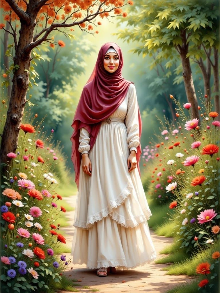 Serene Hijabi Woman in Lush Floral Garden