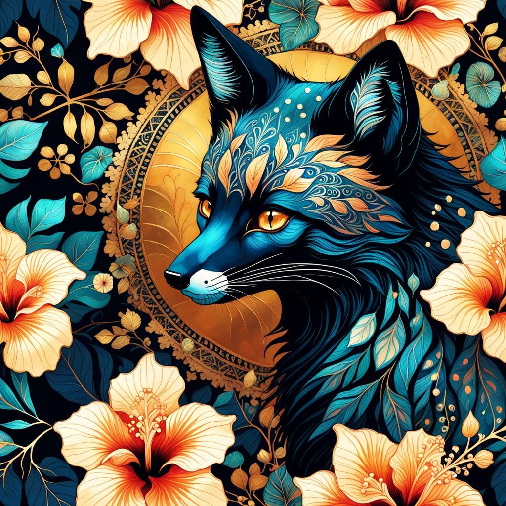Melanistic Fox with Hibiscus in Batik Illustration
