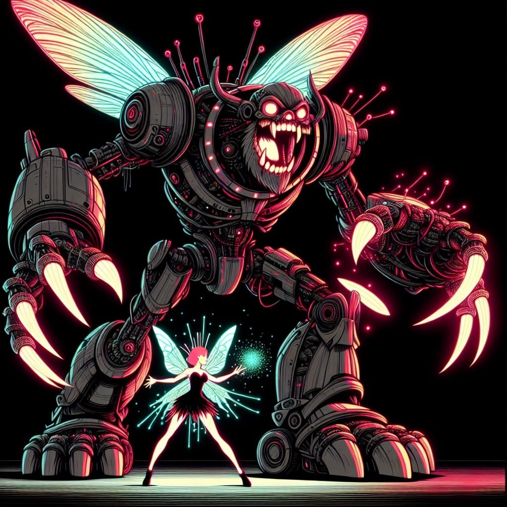 Mechanical Creature vs Neon Fairy Battle