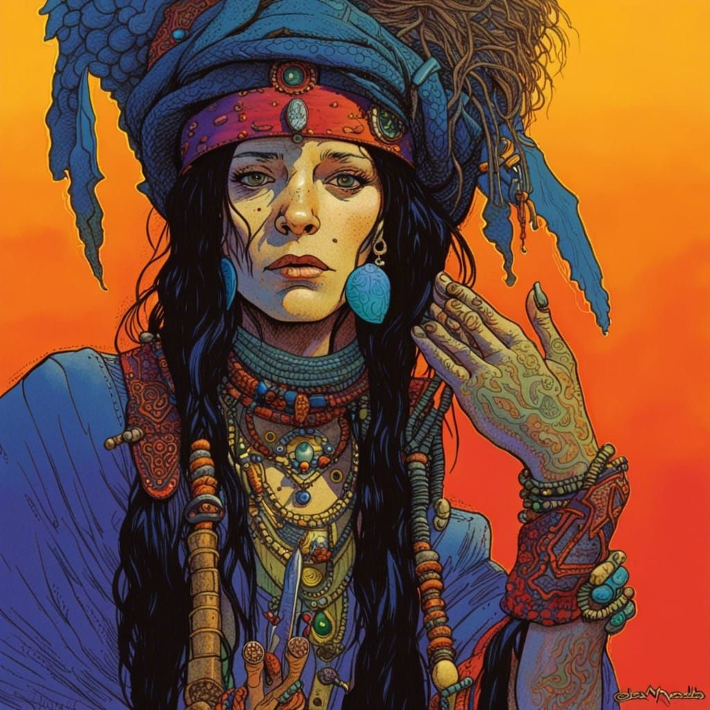 Punk-Rock Shaman Portrait in Ligne Claire Style