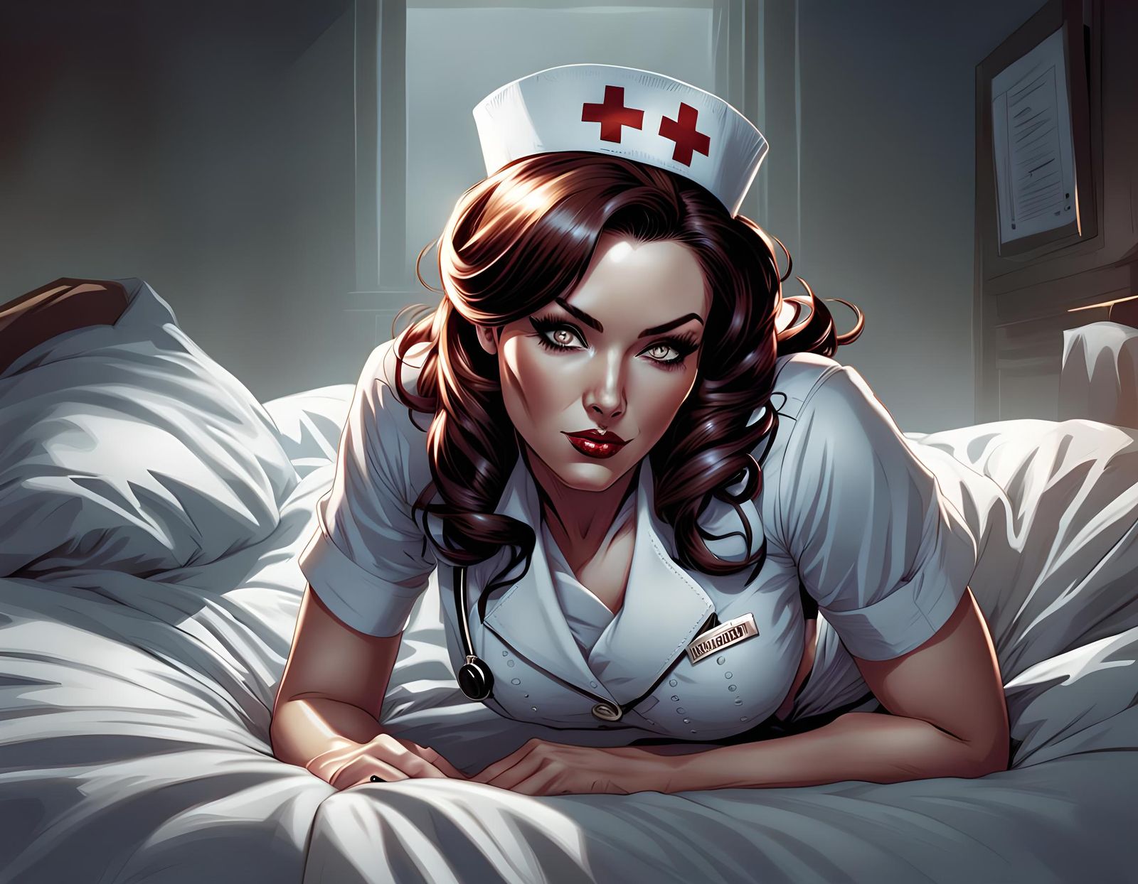 Beautiful nurse in hosiery lying in bed, up SIDE down, with the waist elevated, seductively, perspective view