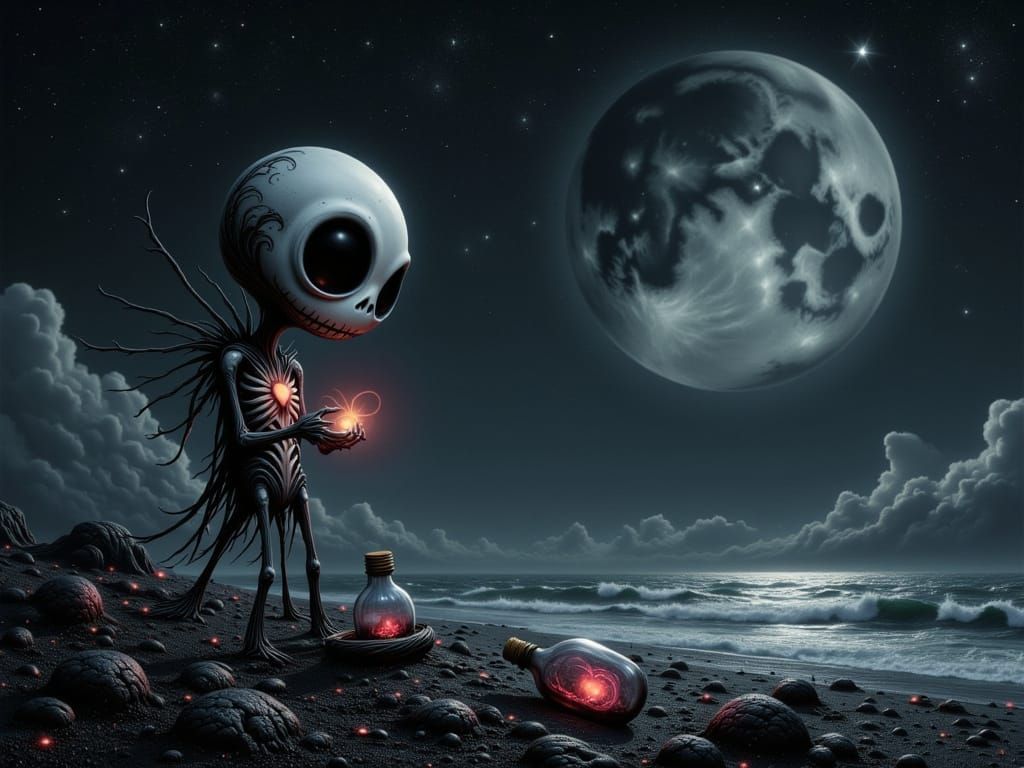 Whimsical Alien on Starlit Beach Gazes at Moon