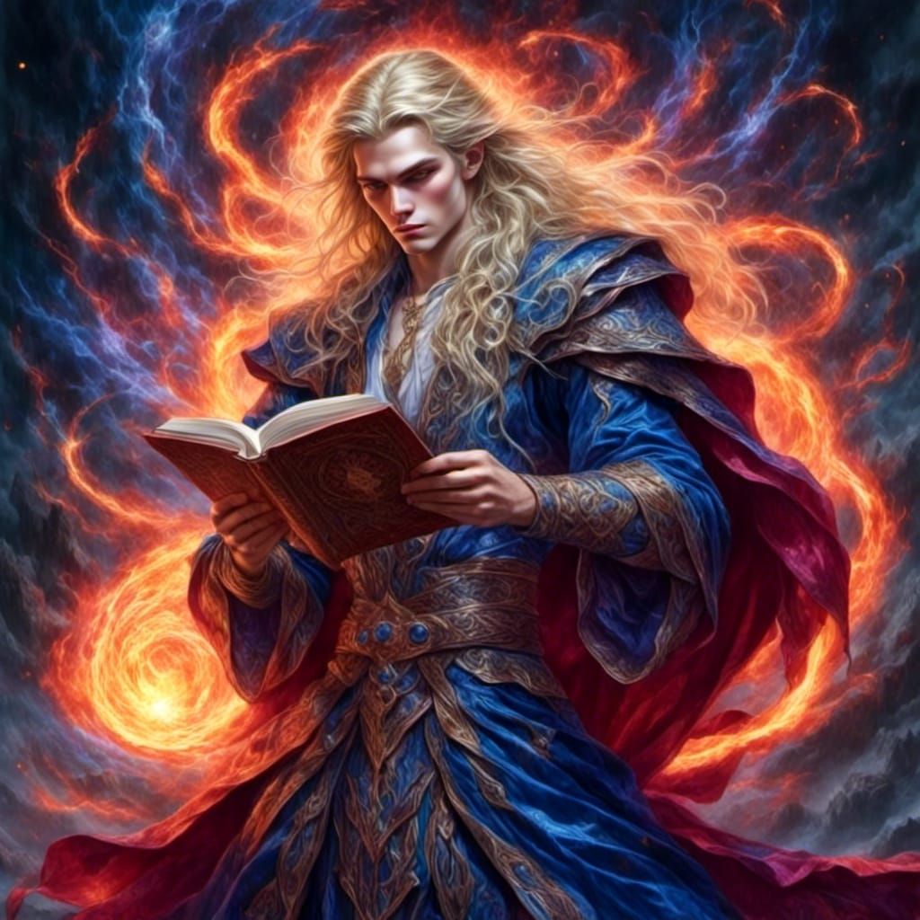 Elf Wizard with Spell Book in Dark Fantasy Style