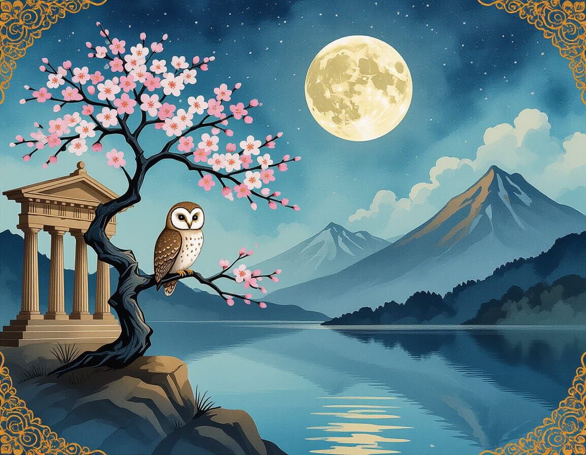 Owl on Sakura Tree in Sumi-e Style